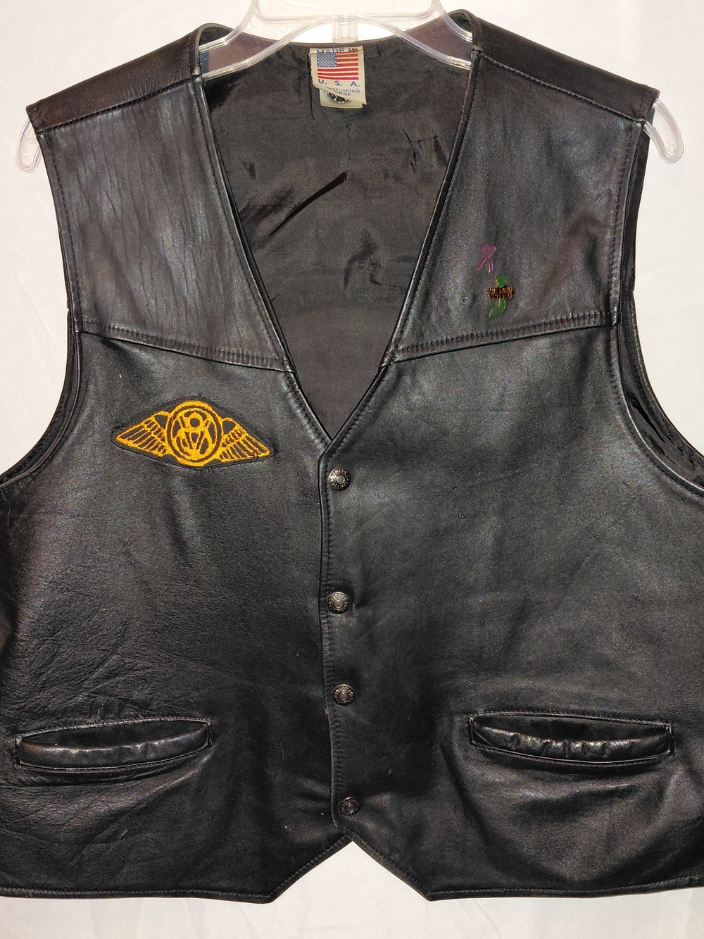 VTG Vietnam Veteran USMC Black Leather Vest with Embroidered German Wing Patch